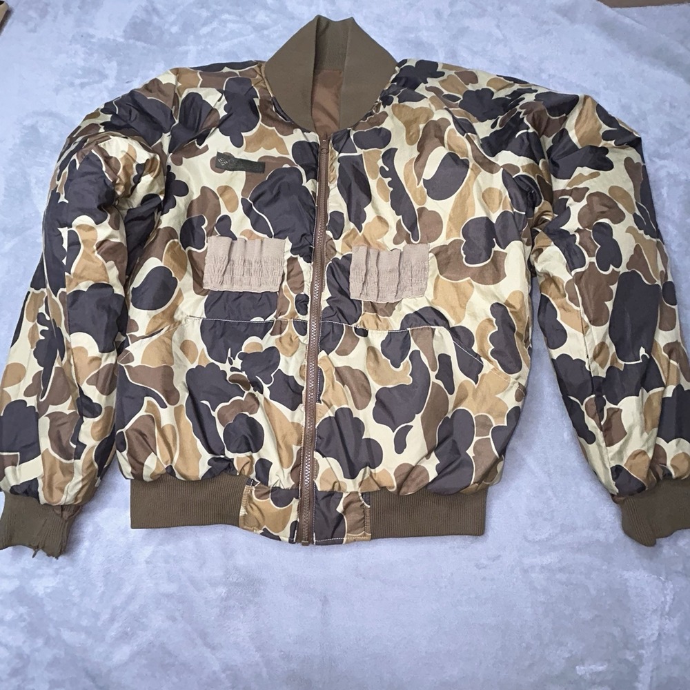 Vintage Columbia Reversible Bomber Jacket Mens M Duck Camo Brown Puffer